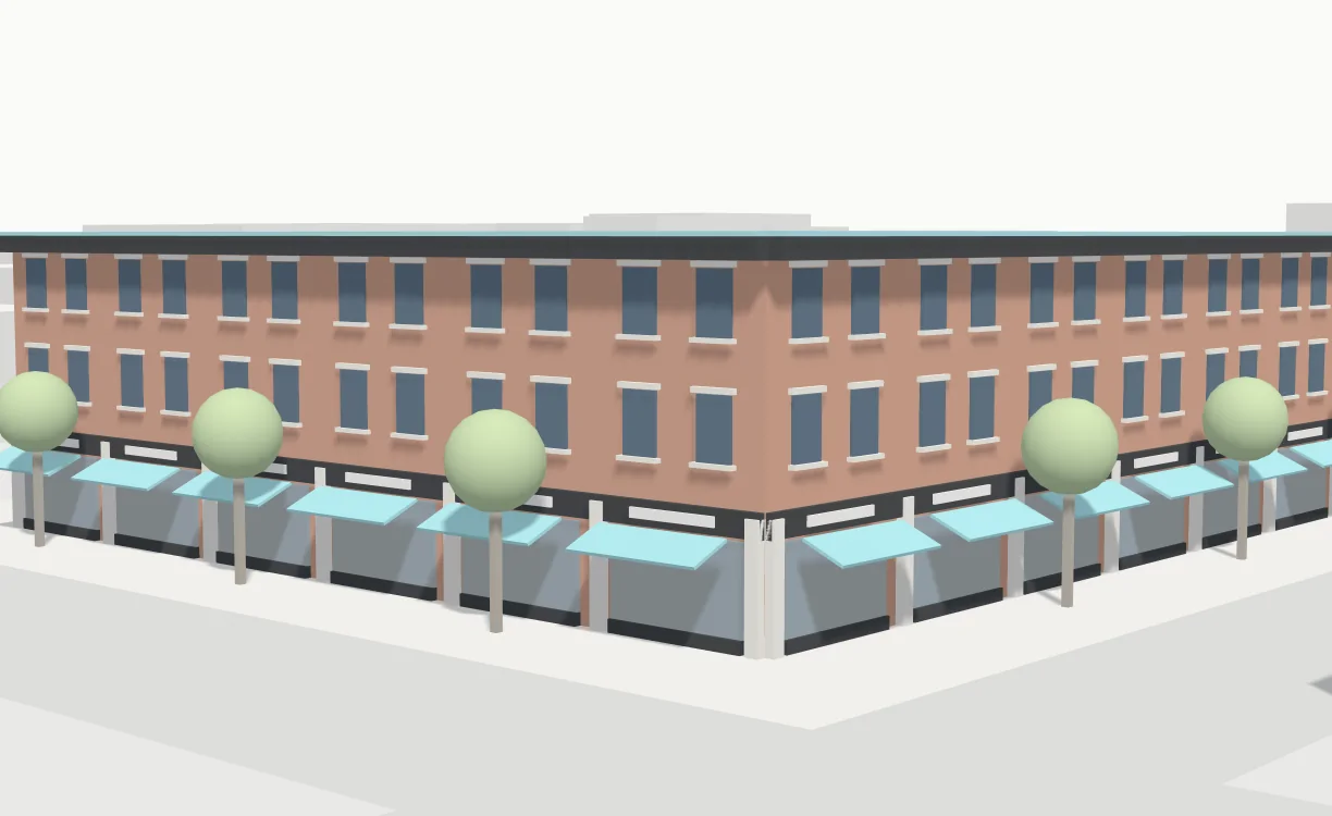 The building after the work: repointed brick, a new cornice, awnings over every storefront and street trees