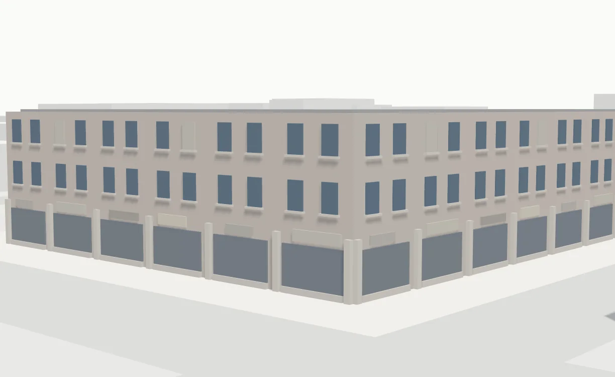The building today: faded brick, mismatched signs and no awnings
