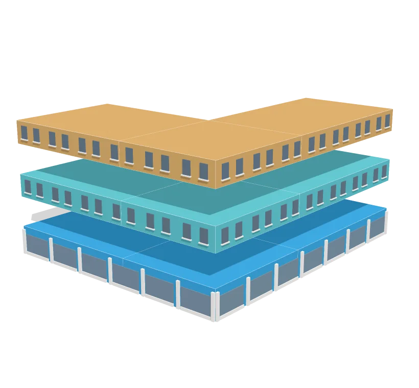 The building drawn floor by floor: apartments on the third floor, offices on the second, shops at street level
