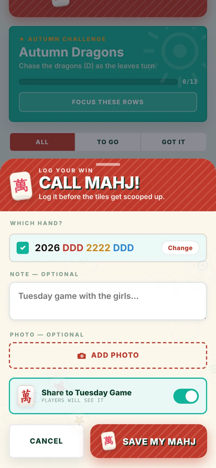Club Mahj Call Mahj sheet for logging a win with a note and a photo