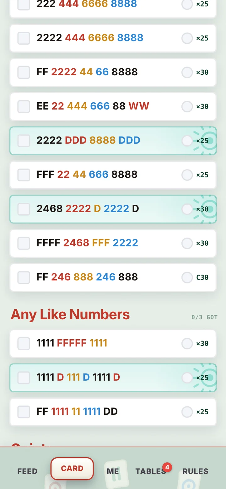 Club Mahj card screen listing hands in color with points and check boxes