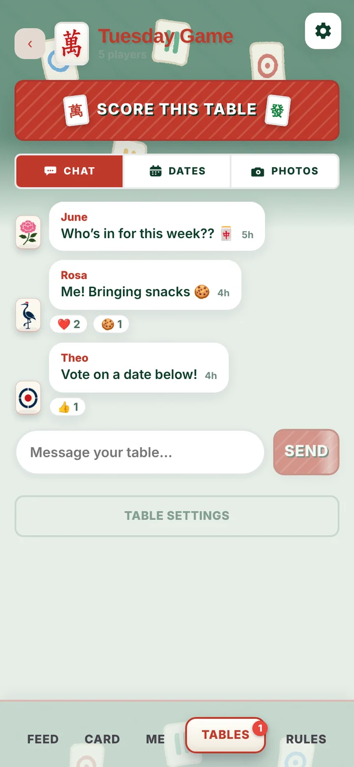 Club Mahj table chat with messages, reactions and tabs for dates and photos