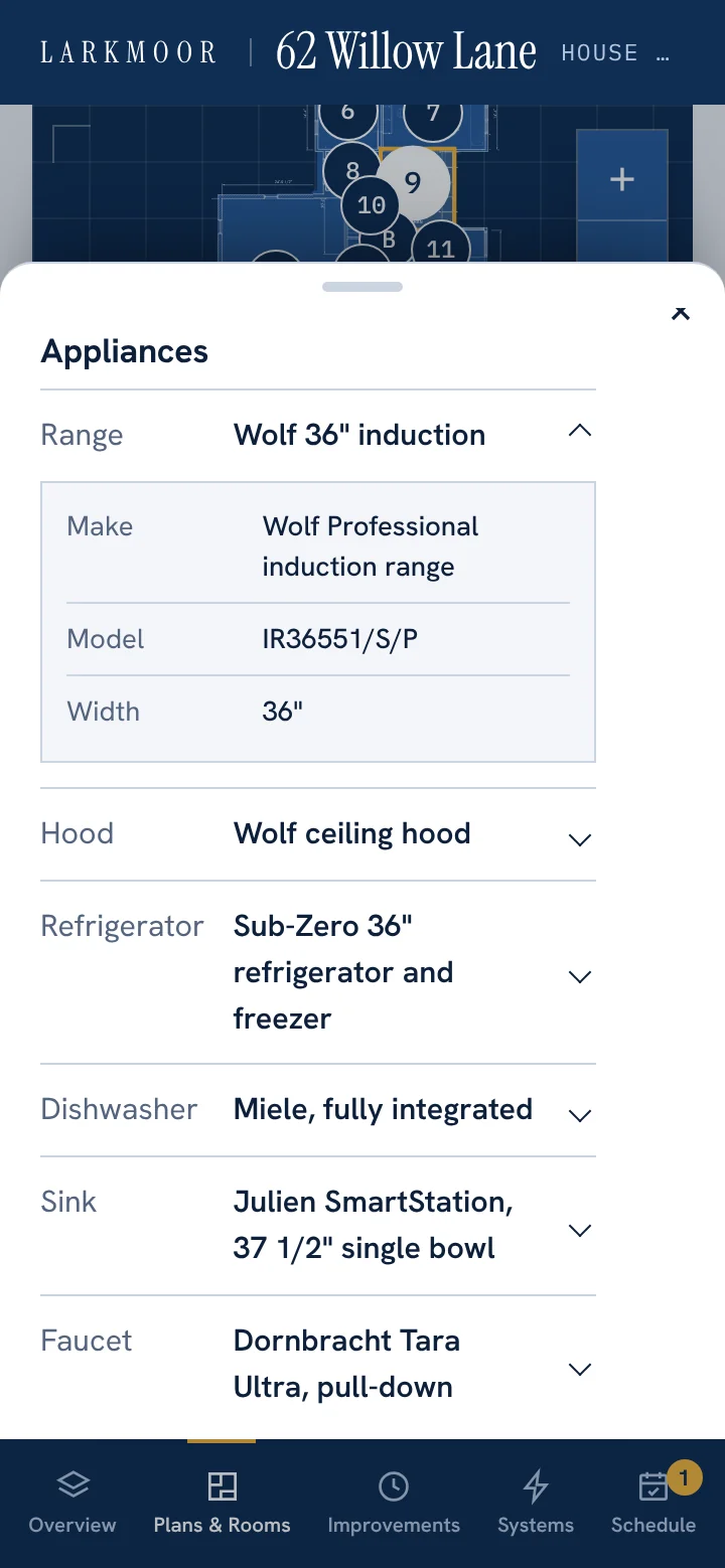 Kitchen record on a phone: the kitchen picked out on the floor plan, with its appliance list and the range's make and model