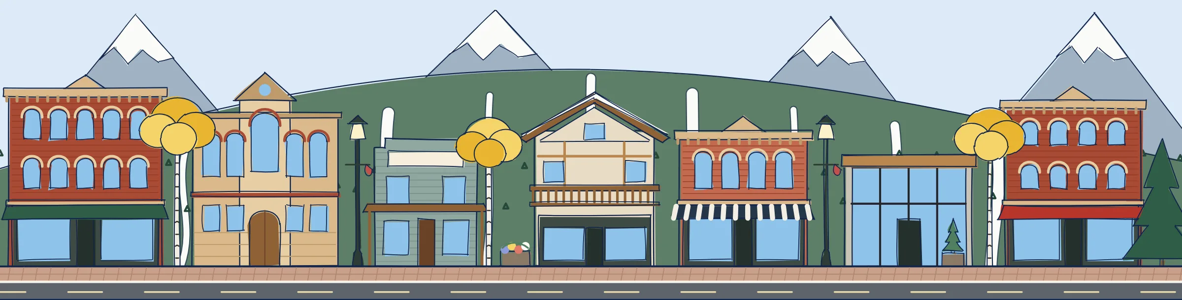 Hand-drawn Aspen streetscape: victorian brick and ski runs