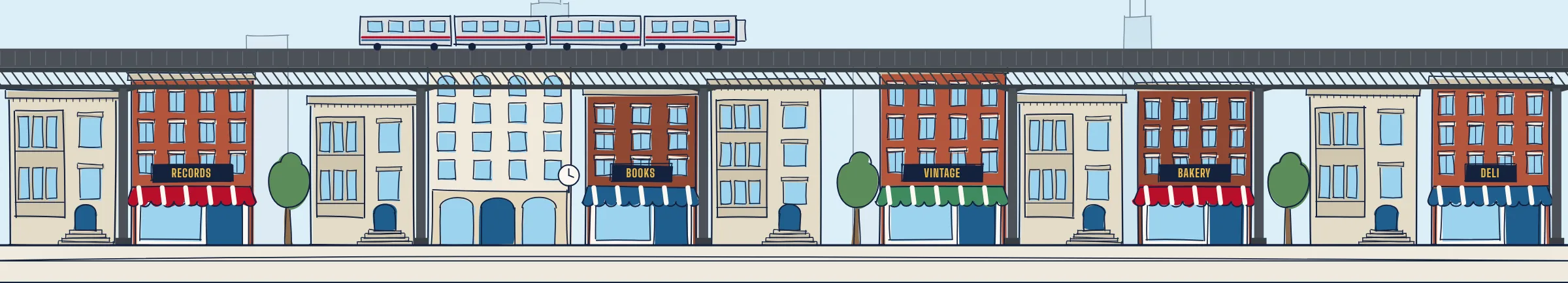 Hand-drawn Chicago streetscape: greystones under the l