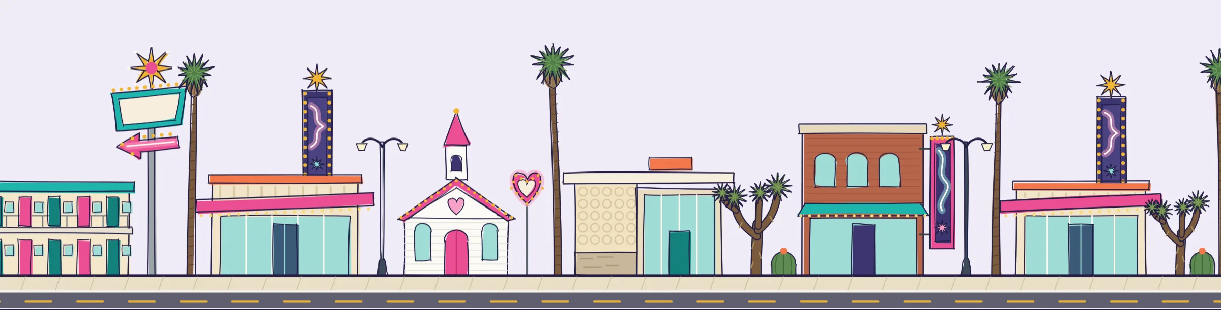 Hand-drawn Las Vegas streetscape: motel signs and wedding chapels