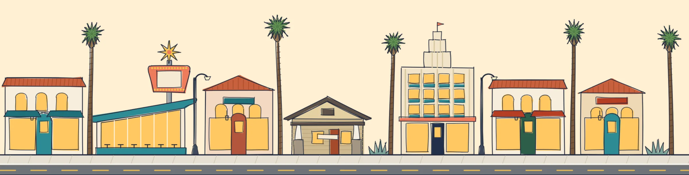 Hand-drawn Los Angeles streetscape: spanish revival and palms