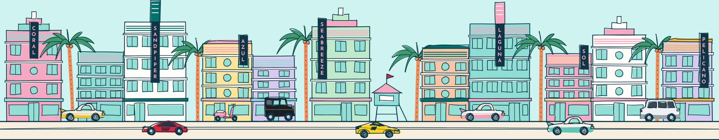 Hand-drawn Miami streetscape: ocean drive art deco