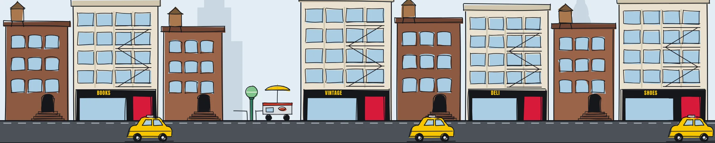 Hand-drawn New York streetscape: brownstones and cast-iron lofts