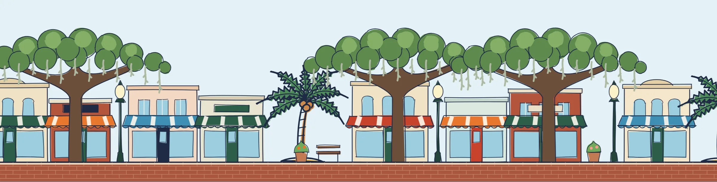 Hand-drawn Orlando streetscape: park avenue under live oaks