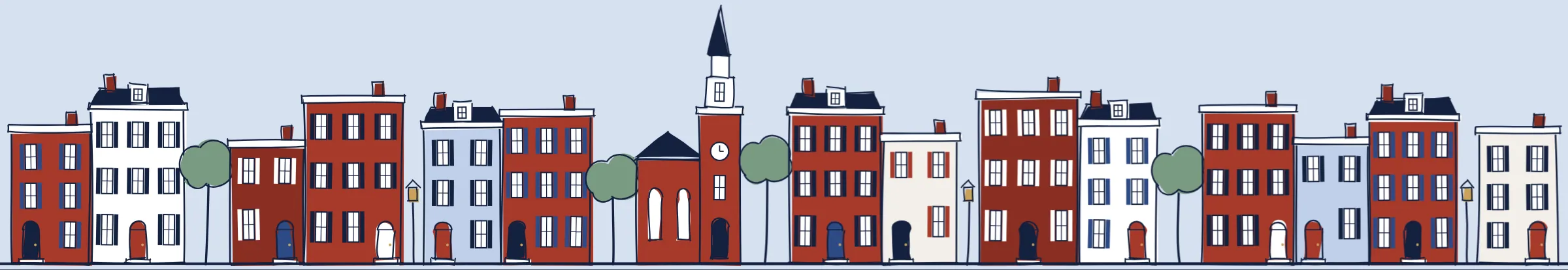 Hand-drawn Philadelphia streetscape: society hill rowhouses