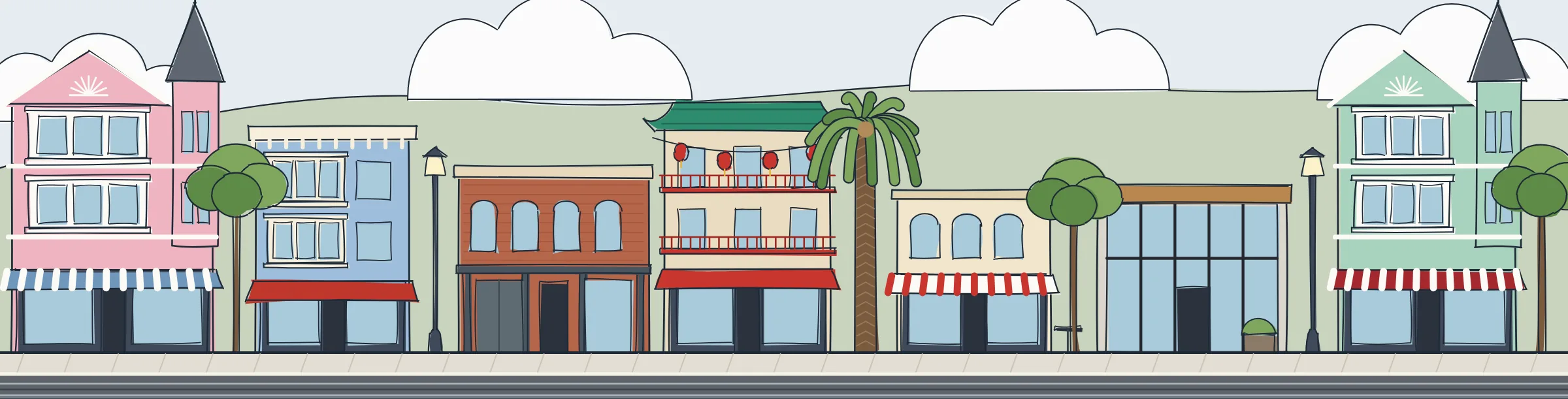 Hand-drawn San Francisco streetscape: victorians and cable-car rails