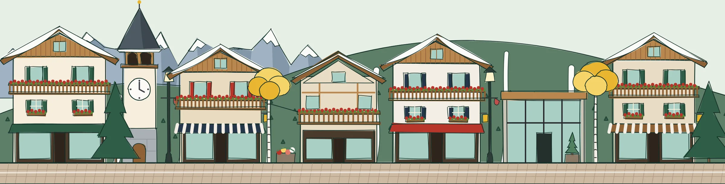 Hand-drawn Vail streetscape: bavarian chalets and peaks