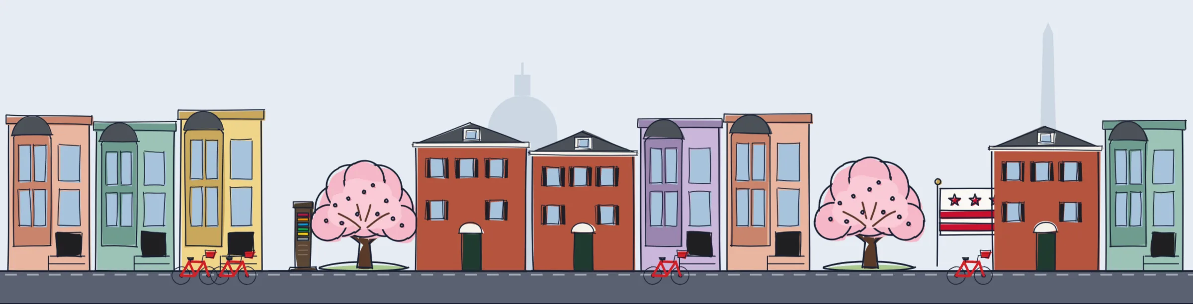Hand-drawn Washington, DC streetscape: capitol hill and georgetown