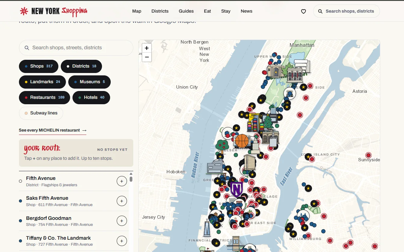 New York Shopping map: every shop, district and landmark with drawn custom markers and category filters
