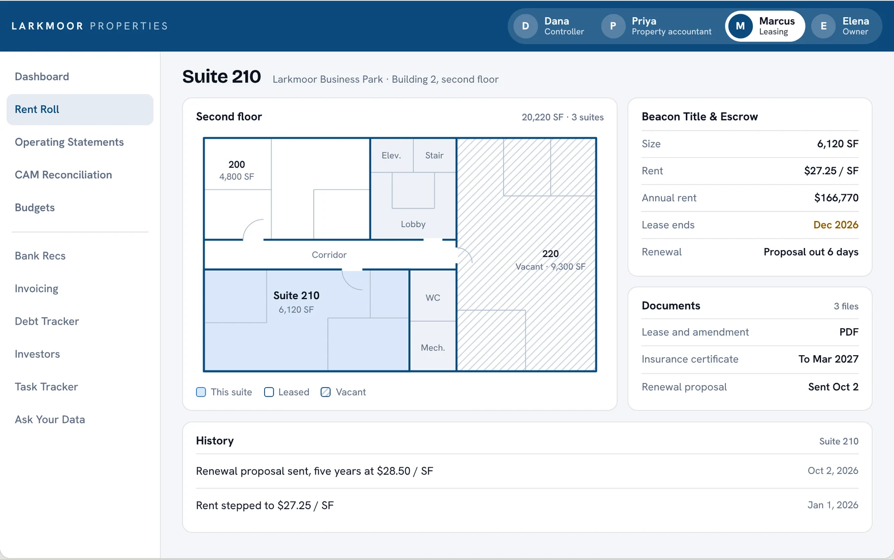 A suite page with its floor plan, lease terms and documents