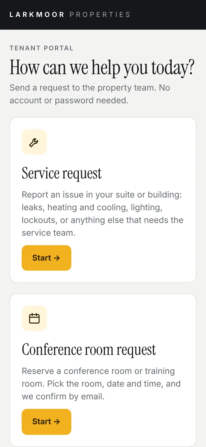Tenant page on a phone with two choices: a service request or a conference room request