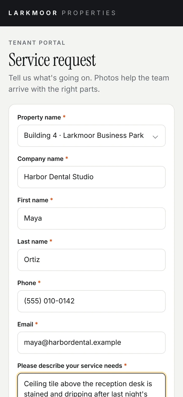 Service request form on a phone