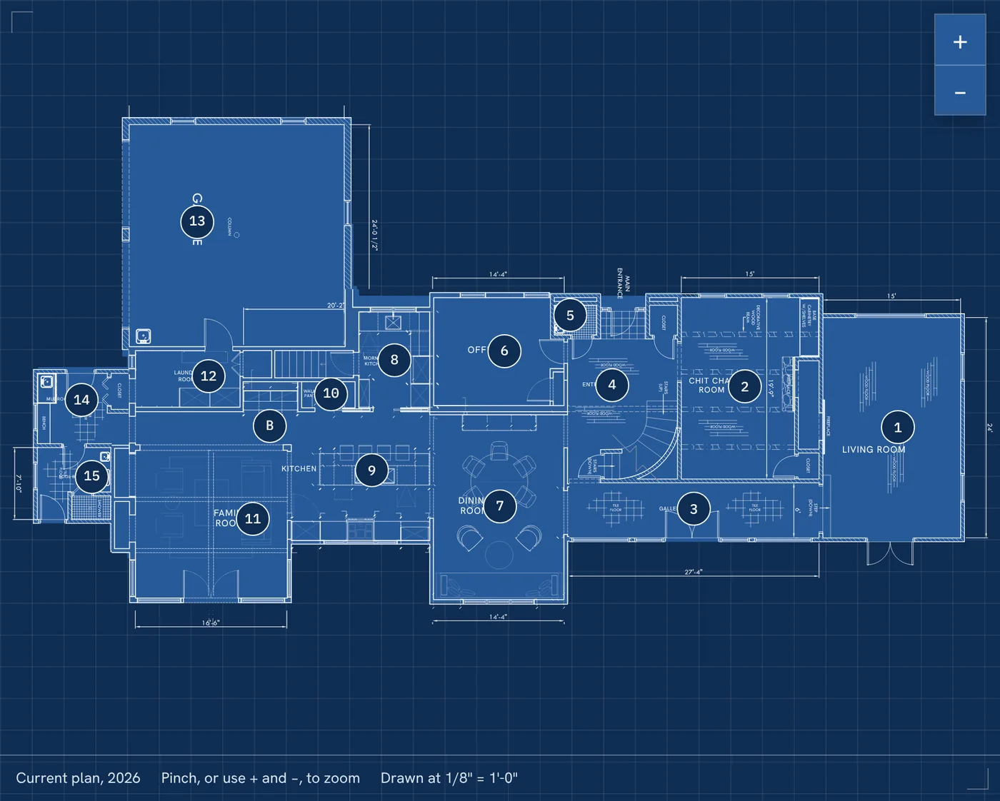 Scaled first floor plan with numbered room pins