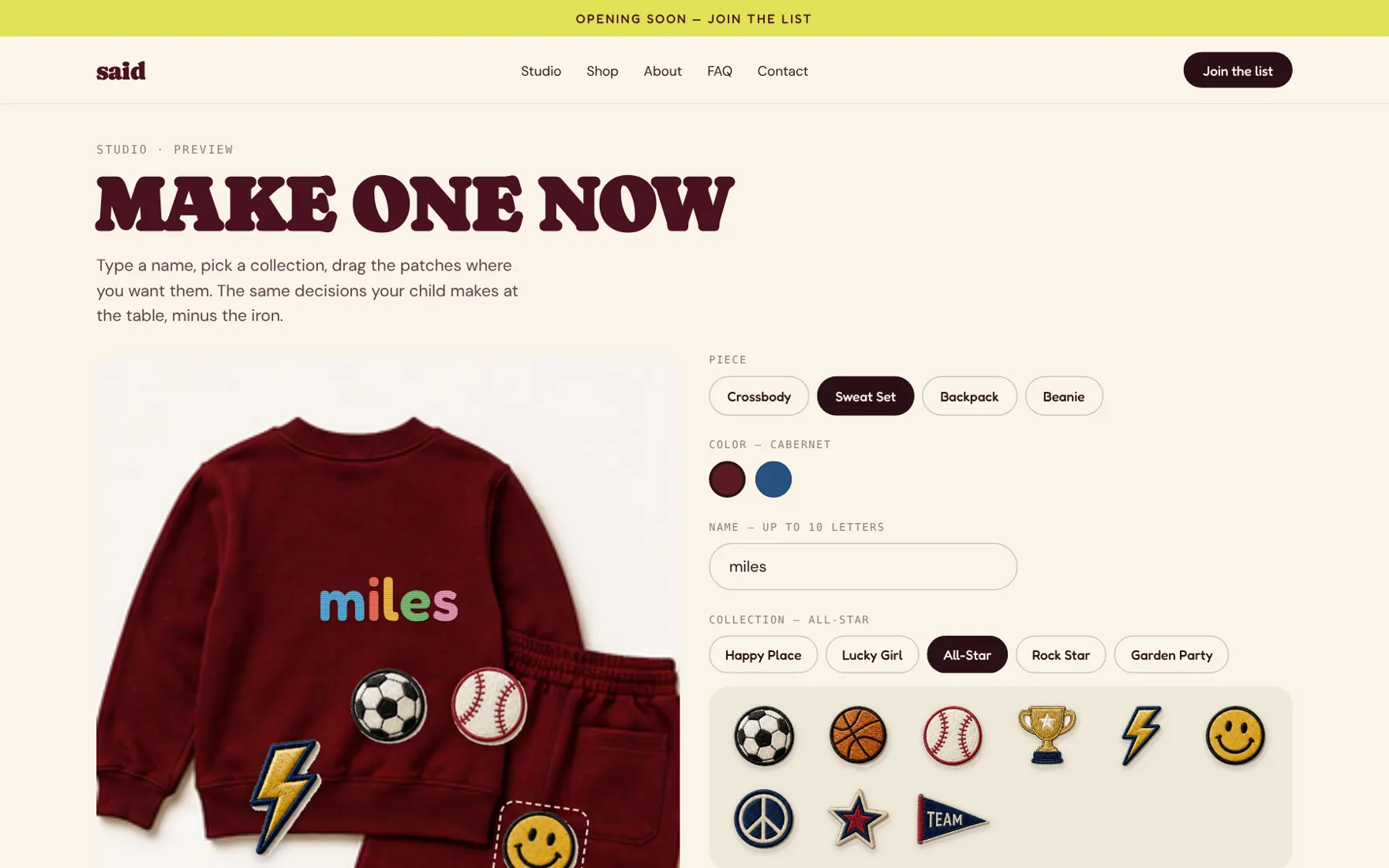 Product builder: name a sweatshirt, pick a patch collection and drag patches into place